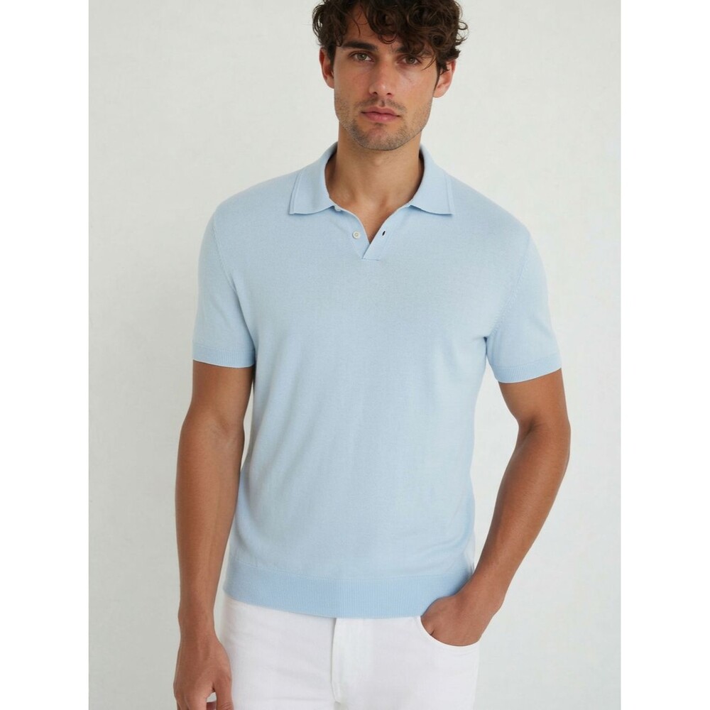 BLOOMINGDALES Polo Shirt Mens Large Light Blue Soft Knit Cotton Pullover